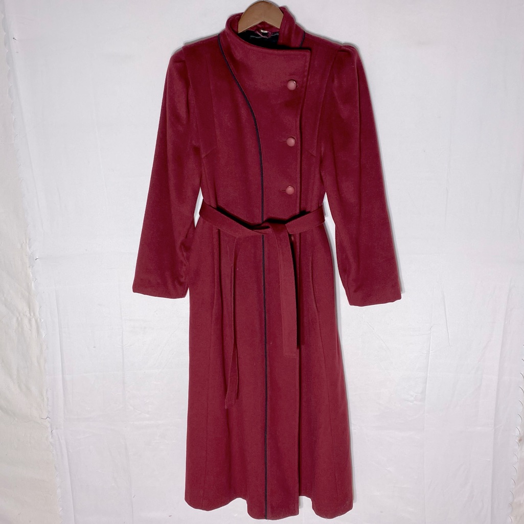 Vintage Tall Girl Red Wool Long Button Front Overcoat With Belt S Old Money